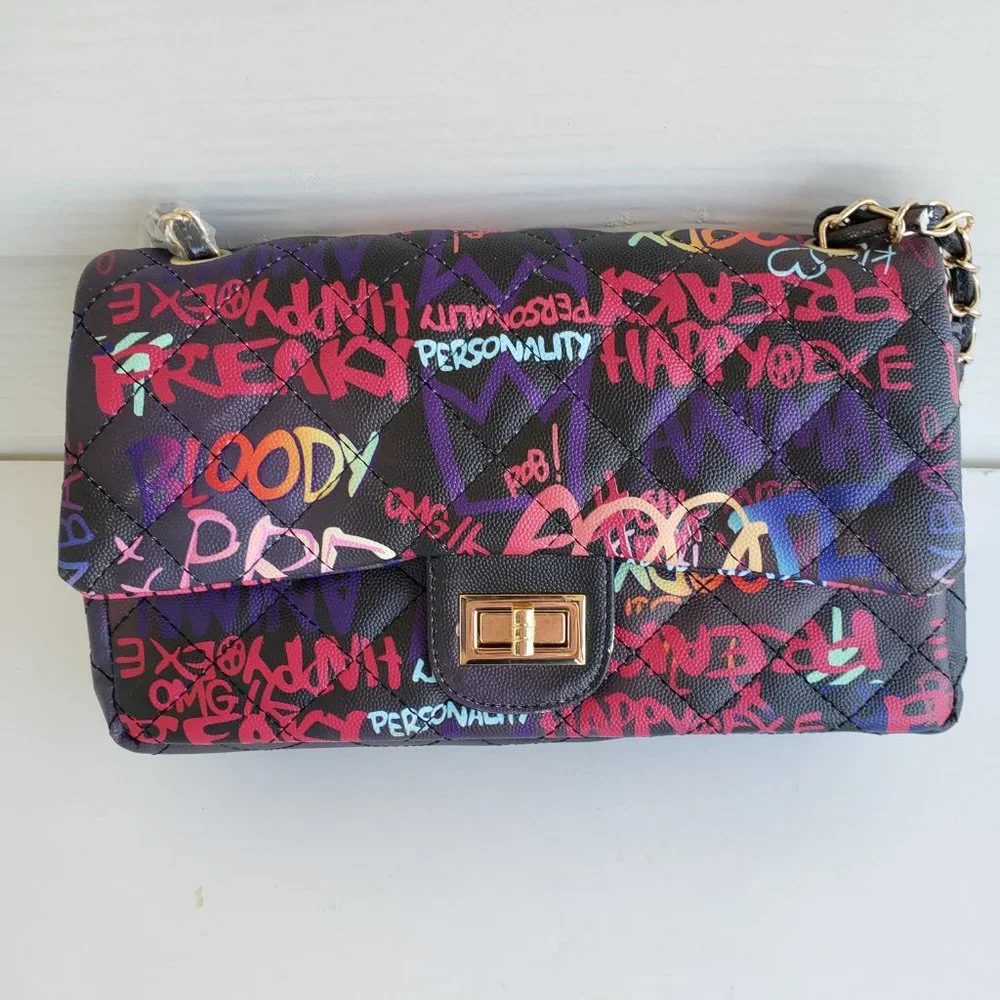 New Graffiti Print Vinyl Handbag with Chain Crossbody Strap - Picture 2 of 7